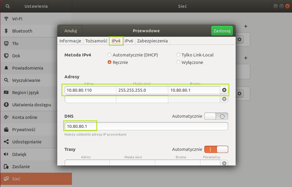 Konfiguracja sieci na Ubuntu Desktop